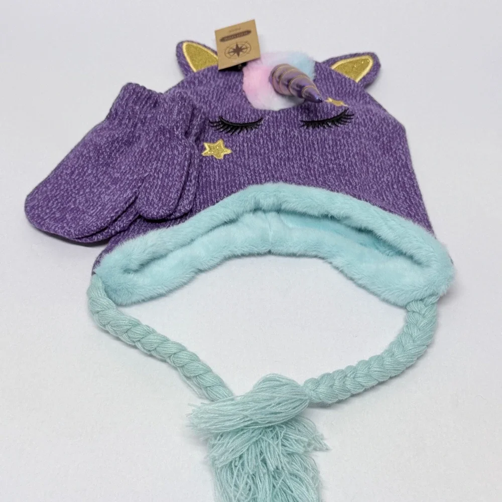 James Paul Youth Purple Unicorn Beanie Hat and Mitten Set Faux Fur Lined NWT